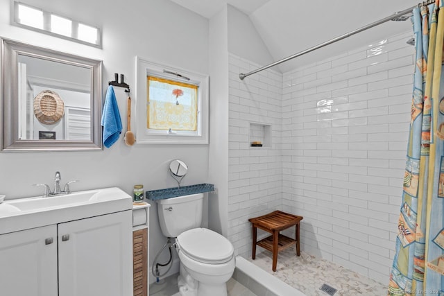 20 Meadow Woods Rd, Essex, CT 06426 - bathroom featuring vanity, lofted ceiling, and tiled shower