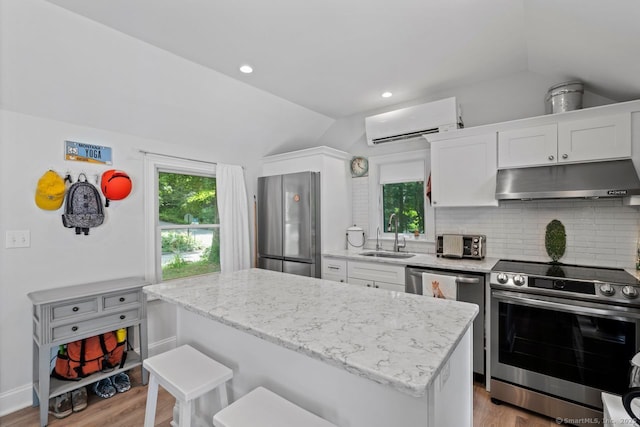 20 Meadow Woods Rd, Essex, CT 06426 - kitchen with stainless steel appliances, an AC wall unit, vaulted ceiling, under cabinet range hood, and wood finished floors