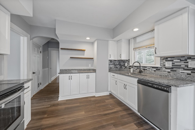 120 Monmouth Ave, Waterbury, CT 06704 - kitchen featuring stainless steel appliances, open shelves, recessed lighting, dark wood finished floors, and tasteful backsplash