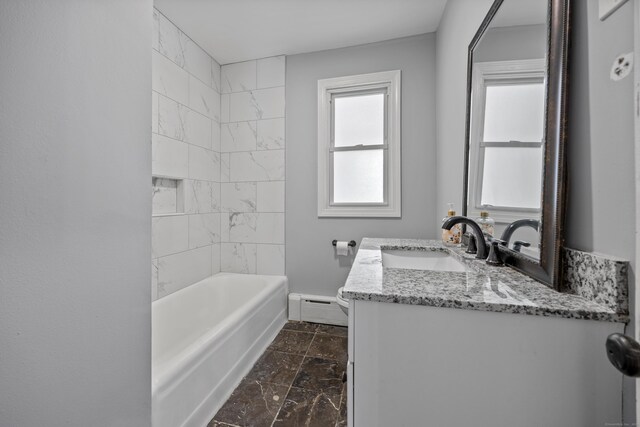 120 Monmouth Ave, Waterbury, CT 06704 - bathroom with a baseboard heating unit, marble finish flooring, vanity, and washtub / shower combination