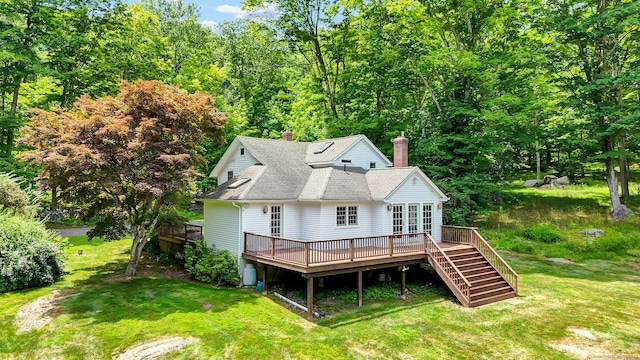 795 Rte 148, Killingworth, CT 06419 - rear view of house with a deck, a yard, a shingled roof, a chimney, and stairs
