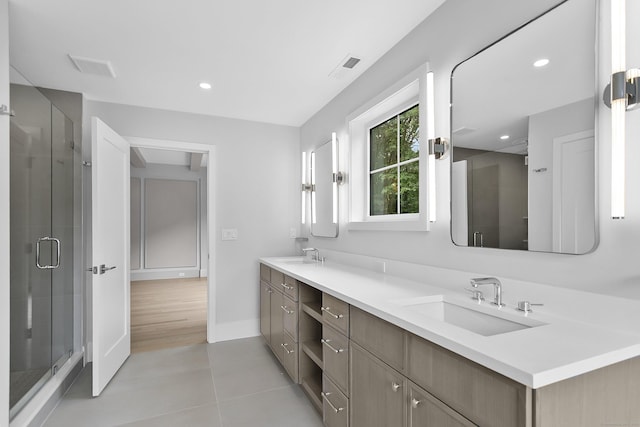 92 Westwood Rd, Fairfield, CT 06825 - full bath featuring double vanity, tile patterned floors, a stall shower, and recessed lighting