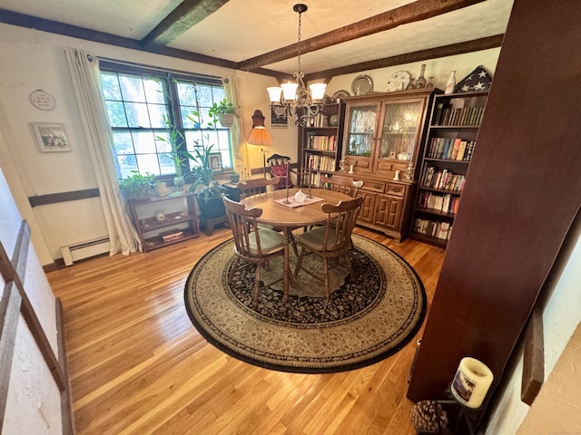 8 Juniper Rd, Windsor, CT 06095 - dining space with light wood-style flooring, baseboard heating, beamed ceiling, and a chandelier