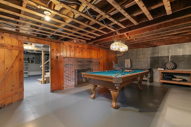 210 Highland Ave, West Haven, CT 06516 - playroom featuring concrete floors, pool table, and a brick fireplace