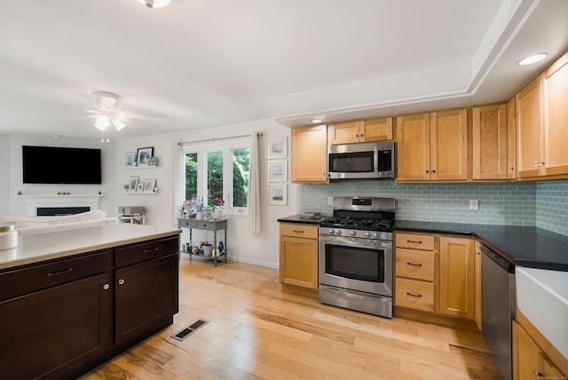 76 Cedarcrest Ct Unit 76, Shelton, CT 06484 - kitchen with stainless steel appliances, ceiling fan, light wood-style flooring, backsplash, and a fireplace