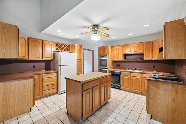 30 Park Rd, Oxford, CT 06478 - kitchen featuring freestanding refrigerator, dishwasher, a kitchen island, light tile patterned floors, and recessed lighting