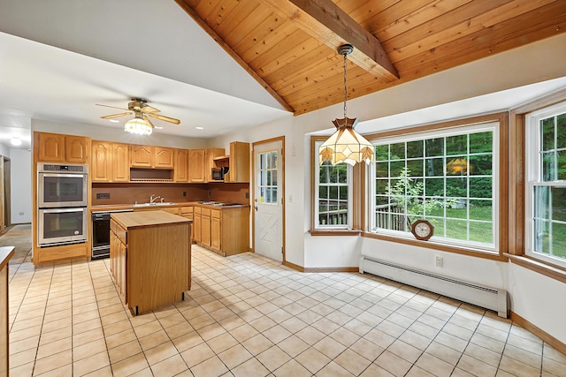 30 Park Rd, Oxford, CT 06478 - kitchen featuring a baseboard heating unit, appliances with stainless steel finishes, butcher block countertops, light tile patterned flooring, and wooden ceiling