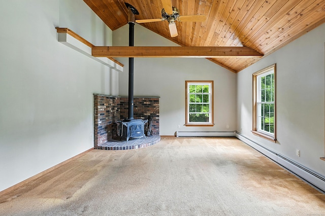 30 Park Rd, Oxford, CT 06478 - unfurnished living room featuring a wood stove, wooden ceiling, carpet, a ceiling fan, and a baseboard radiator