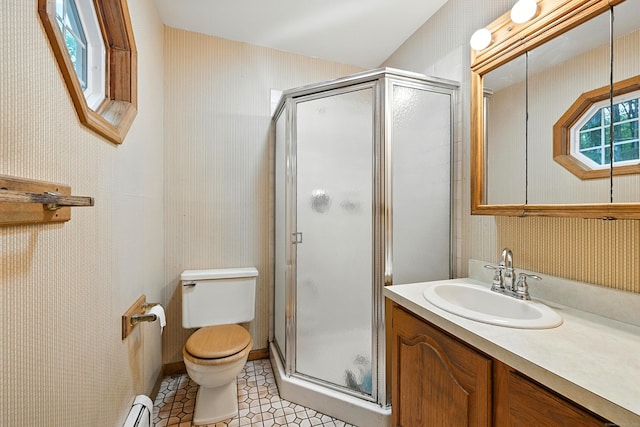 30 Park Rd, Oxford, CT 06478 - bathroom featuring wallpapered walls, a shower stall, vanity, and baseboard heating