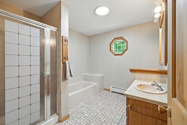 30 Park Rd, Oxford, CT 06478 - bathroom with a garden tub, a stall shower, vanity, and a baseboard radiator