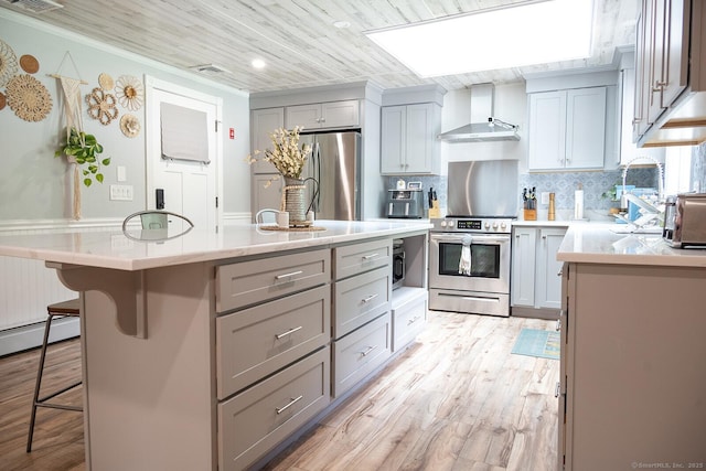 3 Olde Salem Dr, Somers, CT 06071 - kitchen featuring appliances with stainless steel finishes, wall chimney range hood, gray cabinetry, a breakfast bar area, and light wood-type flooring