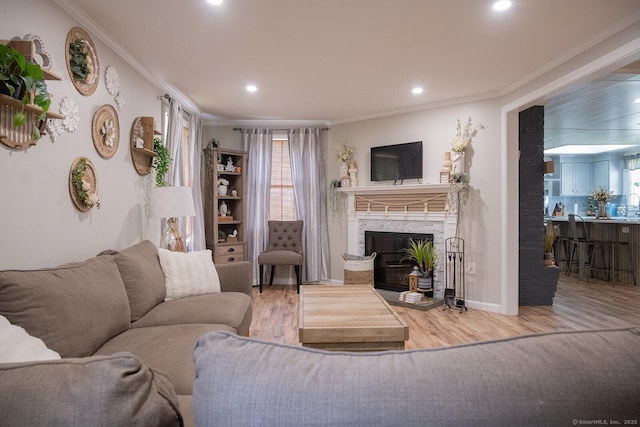 3 Olde Salem Dr, Somers, CT 06071 - living area featuring crown molding, a premium fireplace, light wood-style flooring, and recessed lighting