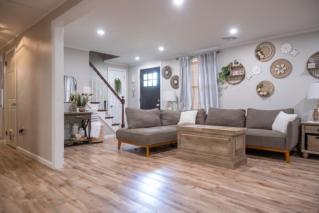 3 Olde Salem Dr, Somers, CT 06071 - living room with ornamental molding, stairway, light wood-type flooring, and recessed lighting