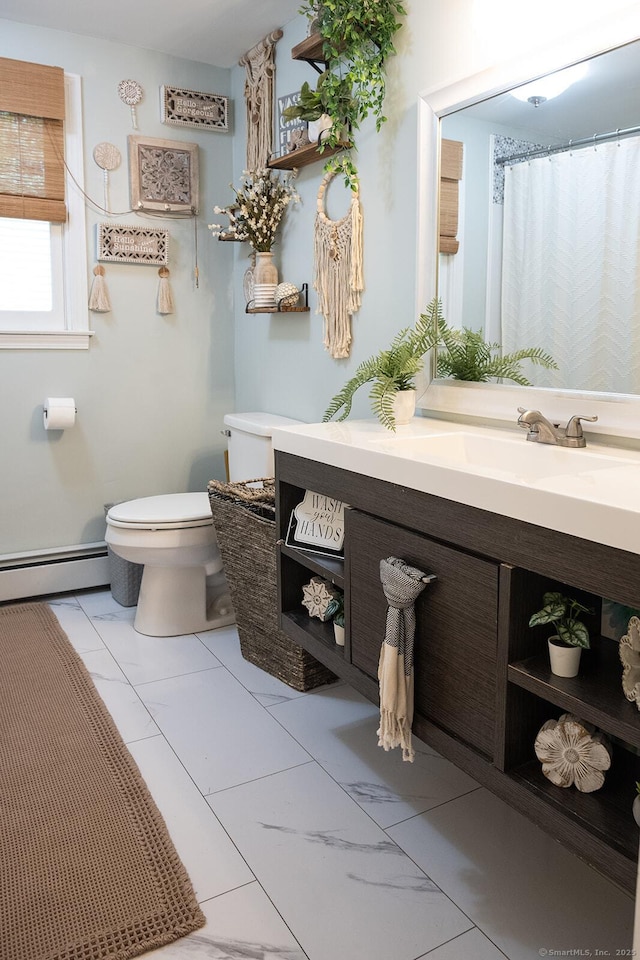 3 Olde Salem Dr, Somers, CT 06071 - bathroom featuring a baseboard heating unit, vanity, and marble look tile flooring