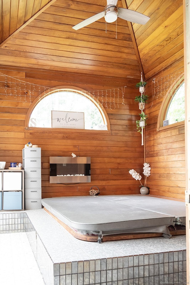 3 Olde Salem Dr, Somers, CT 06071 - bathroom with wood ceiling, wood walls, vaulted ceiling, ceiling fan, and a sauna / steam room