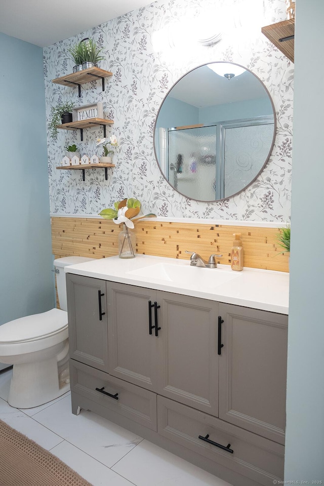 3 Olde Salem Dr, Somers, CT 06071 - bathroom featuring wallpapered walls, vanity, and a shower with door