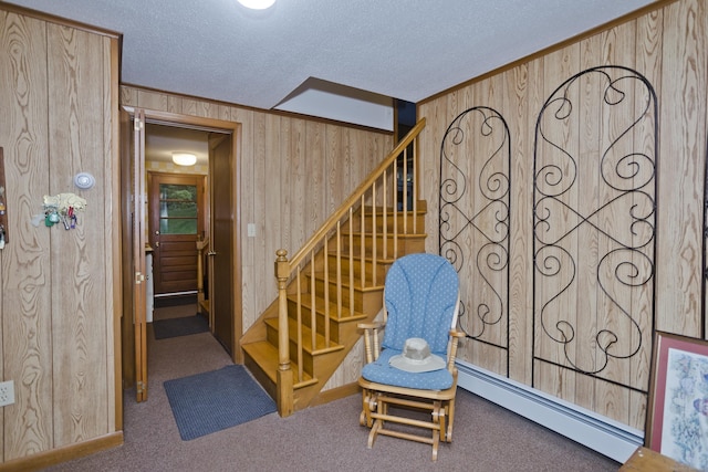9 Mountain Rd, Granby, CT 06060 - stairway featuring baseboard heating, wood walls, a textured ceiling, carpet floors, and ornamental molding