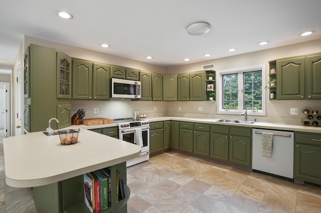 731 N Park Ave, Redding, CT 06896 - kitchen featuring green cabinets, white appliances, open shelves, a peninsula, and light countertops
