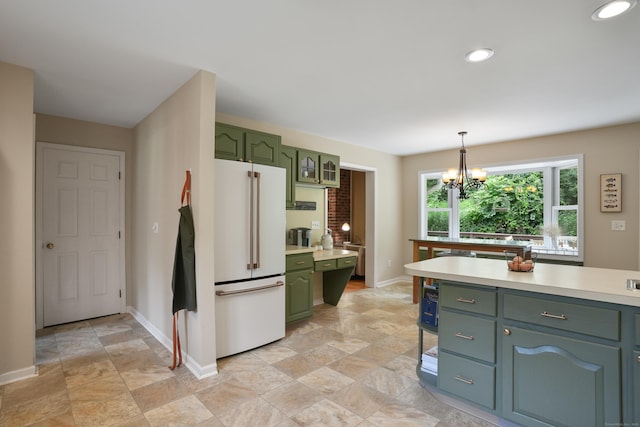 731 N Park Ave, Redding, CT 06896 - kitchen with freestanding refrigerator, green cabinetry, stone finish flooring, light countertops, and recessed lighting