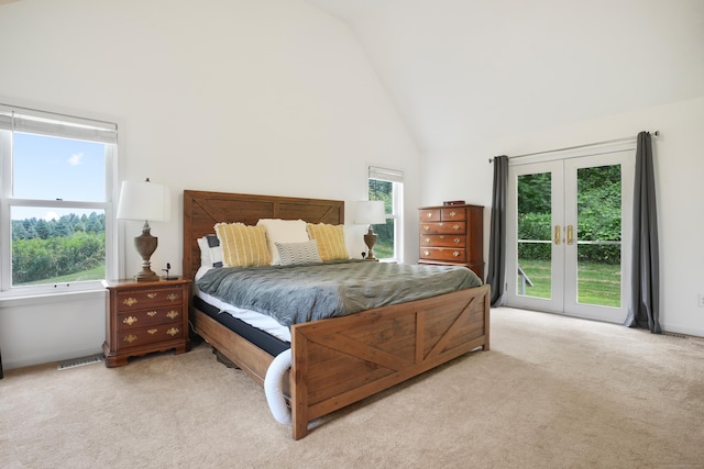 731 N Park Ave, Redding, CT 06896 - bedroom with access to exterior, high vaulted ceiling, light carpet, and multiple windows