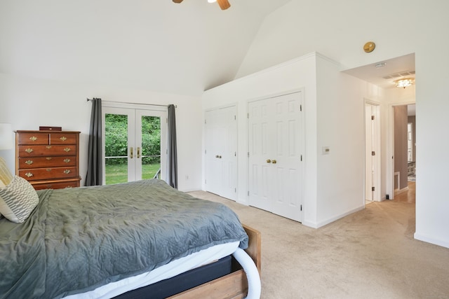 731 N Park Ave, Redding, CT 06896 - bedroom featuring access to exterior, light carpet, multiple closets, french doors, and high vaulted ceiling