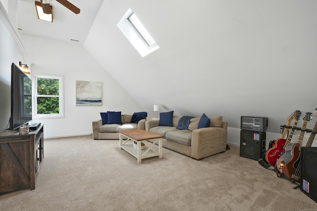 731 N Park Ave, Redding, CT 06896 - living room with a skylight, carpet floors, ceiling fan, and vaulted ceiling
