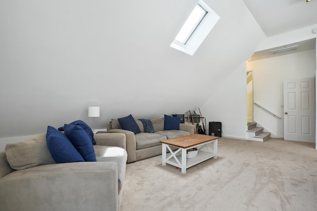 731 N Park Ave, Redding, CT 06896 - carpeted living room featuring a skylight, lofted ceiling, and stairway