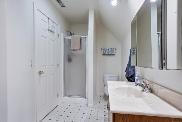 731 N Park Ave, Redding, CT 06896 - bathroom with a stall shower, vanity, tile patterned floors, and vaulted ceiling