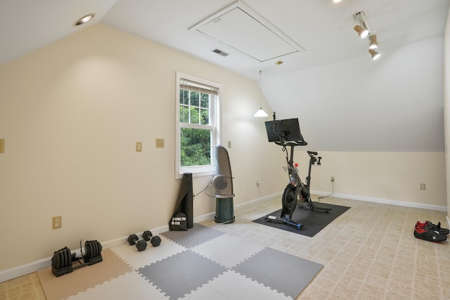 731 N Park Ave, Redding, CT 06896 - workout area with attic access and vaulted ceiling