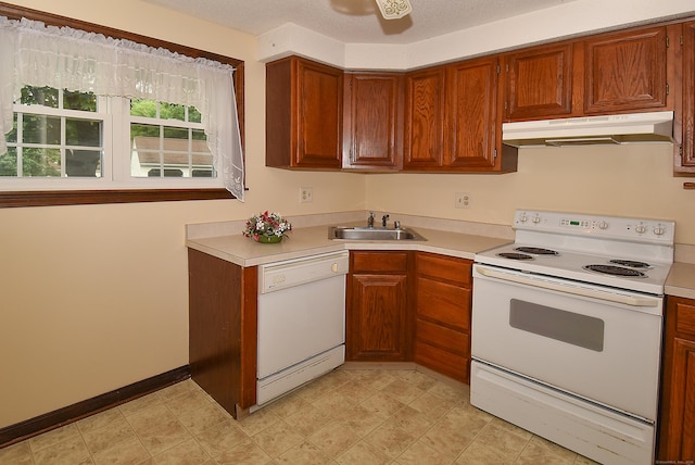 415 Lady Bug Ln Unit 415, Vernon, CT 06066 - kitchen featuring white appliances, under cabinet range hood, light countertops, and brown cabinetry