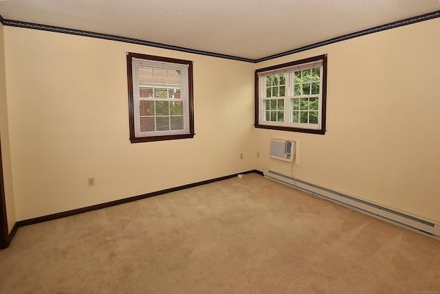 415 Lady Bug Ln Unit 415, Vernon, CT 06066 - spare room with crown molding, light colored carpet, a baseboard radiator, a wall mounted air conditioner, and a textured ceiling