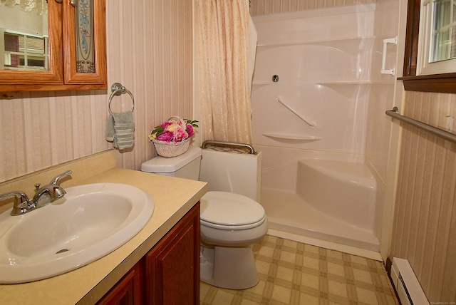 415 Lady Bug Ln Unit 415, Vernon, CT 06066 - full bath with baseboard heating, tile patterned floors, curtained shower, and vanity
