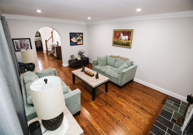 625 Lakeview Rd, Orange, CT 06477 - living area with arched walkways, wood finished floors, ornamental molding, recessed lighting, and stairs