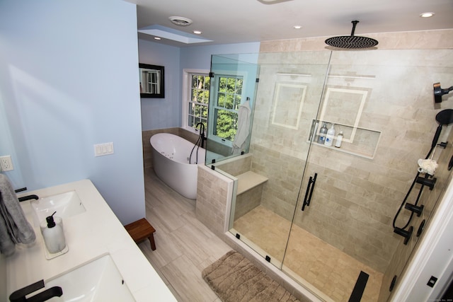 625 Lakeview Rd, Orange, CT 06477 - full bath with a stall shower, a freestanding bath, double vanity, and recessed lighting