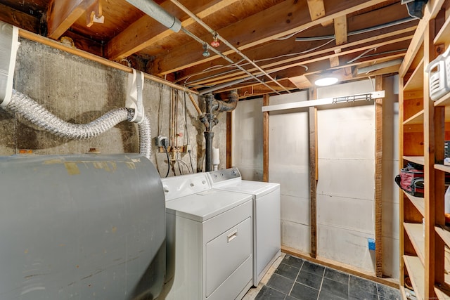 23 Sun St, Enfield, CT 06082 - laundry area with washer and dryer, oil tank, and dark tile patterned floors