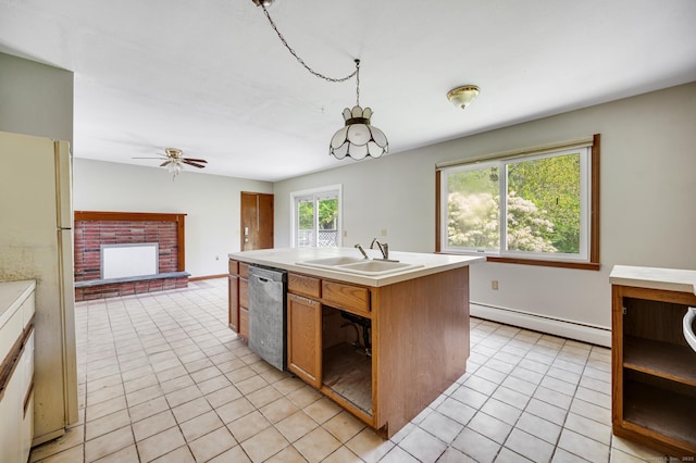 6 Victoria Dr, Colchester, CT 06415 - kitchen with baseboard heating, freestanding refrigerator, stainless steel dishwasher, light tile patterned floors, and light countertops