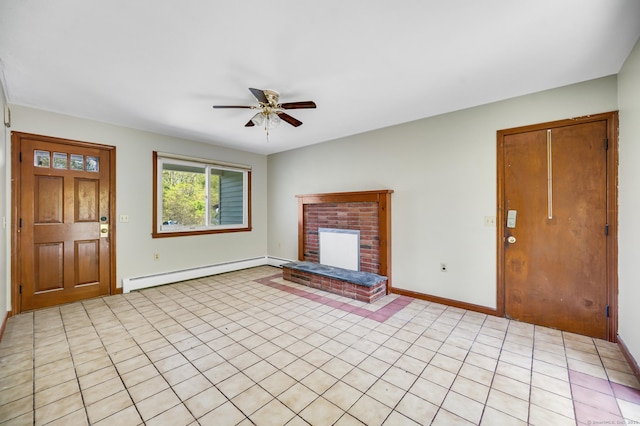 6 Victoria Dr, Colchester, CT 06415 - unfurnished living room featuring baseboard heating, a ceiling fan, a brick fireplace, and light tile patterned floors