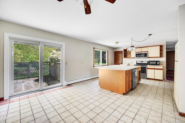 6 Victoria Dr, Colchester, CT 06415 - kitchen with a baseboard radiator, stainless steel appliances, light countertops, open shelves, and a ceiling fan