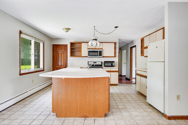 6 Victoria Dr, Colchester, CT 06415 - kitchen with freestanding refrigerator, stainless steel microwave, open shelves, range with electric cooktop, and light countertops