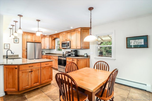135 Green Pond Rd, Sherman, CT 06784 - kitchen featuring appliances with stainless steel finishes, a baseboard radiator, light tile patterned floors, a peninsula, and recessed lighting