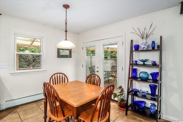 135 Green Pond Rd, Sherman, CT 06784 - dining area featuring baseboard heating, light tile patterned flooring, and french doors
