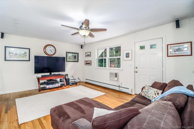135 Green Pond Rd, Sherman, CT 06784 - living room featuring a baseboard heating unit, ceiling fan, a wall mounted air conditioner, and wood finished floors