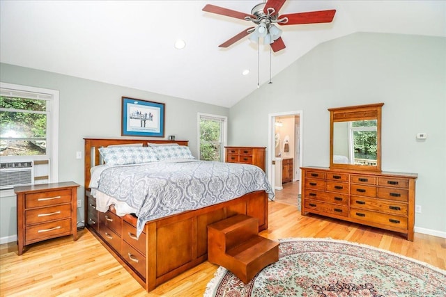 135 Green Pond Rd, Sherman, CT 06784 - bedroom featuring light wood-style floors, ceiling fan, recessed lighting, ensuite bath, and high vaulted ceiling