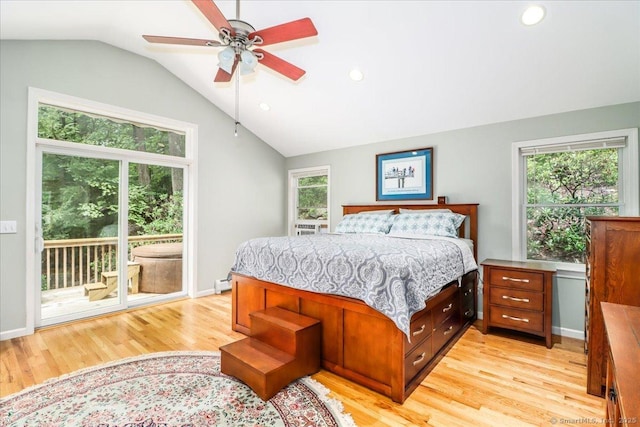 135 Green Pond Rd, Sherman, CT 06784 - bedroom with vaulted ceiling, access to outside, light wood-style floors, a baseboard radiator, and recessed lighting