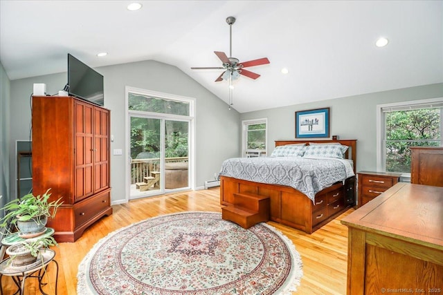135 Green Pond Rd, Sherman, CT 06784 - bedroom with vaulted ceiling, access to outside, light wood finished floors, baseboard heating, and recessed lighting