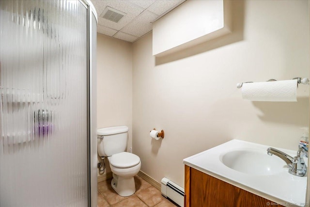 135 Green Pond Rd, Sherman, CT 06784 - bathroom with a baseboard heating unit, a shower stall, a drop ceiling, tile patterned floors, and vanity