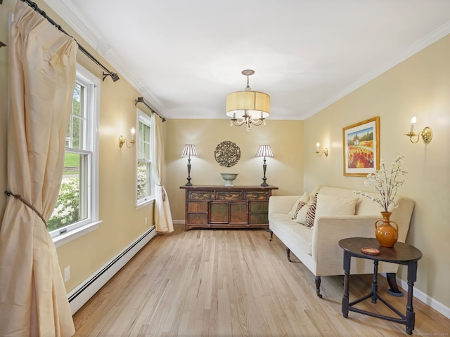 22 Rocky Ridge Dr, Trumbull, CT 06611 - living area featuring a baseboard heating unit, light wood-type flooring, crown molding, and a chandelier