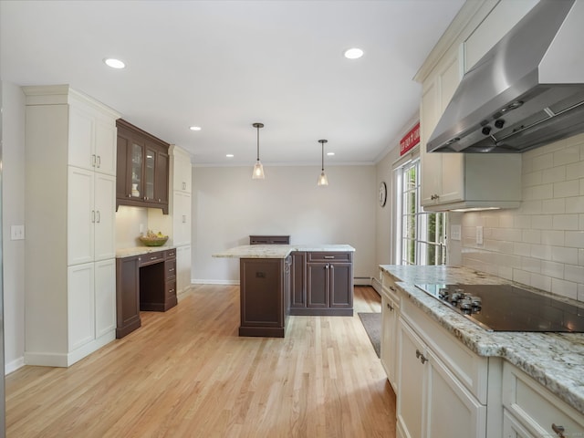 22 Rocky Ridge Dr, Trumbull, CT 06611 - kitchen with range hood, black electric cooktop, decorative backsplash, light wood-style flooring, and recessed lighting