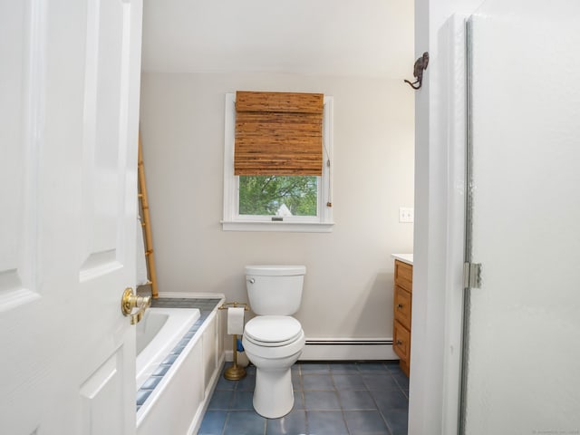 22 Rocky Ridge Dr, Trumbull, CT 06611 - bathroom featuring a baseboard heating unit, vanity, a bathtub, tile patterned flooring, and a shower
