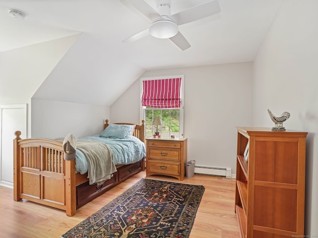 22 Rocky Ridge Dr, Trumbull, CT 06611 - bedroom featuring a baseboard heating unit, light wood-style flooring, vaulted ceiling, and ceiling fan